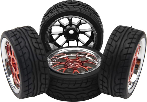 4Pack HIRCQOO 12mm Hex Plastic Wheel Rims & 2.59" Rubber Tires Set for Traxxas Kyosho HPI Tamiya TT-01 TT-02