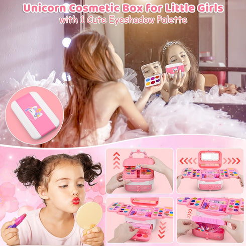 Auney 80 PCS Kids Makeup Kit for Girls 5-8 Years Old, Unicorn Toy for Birthday and Role Play Party