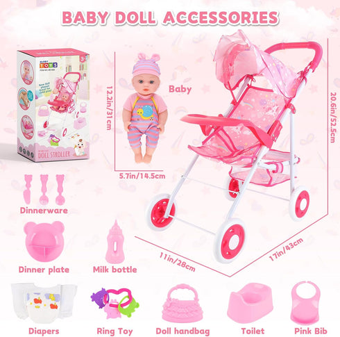 12" Set 15 3-5 deAO Baby Doll Stroller Baby Doll with Foldable Stroller PCS Accessories for Toddlers Christmas Birthday
