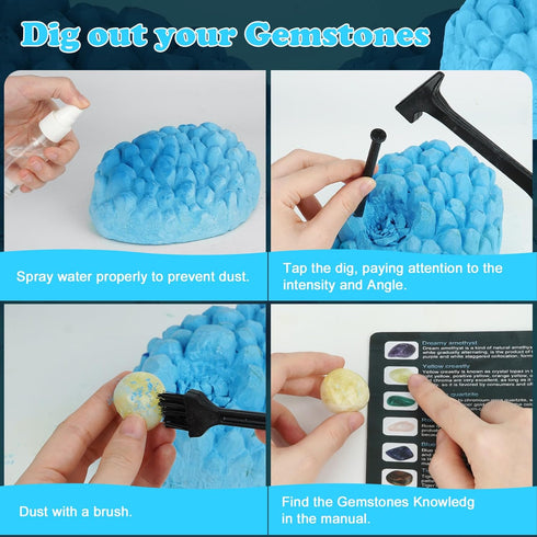 Gemstone Dig Kit, STEM Science Kit for Kids to Excavate 16 Real Gemstones, Educational DIY Toys