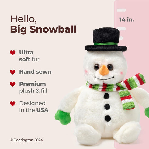 Bearington Big Snowball Snowman Plush, 14 Inch Stuffed Animal, Ideal Christmas Gift for Toddlers, Kids & Teens, Ages