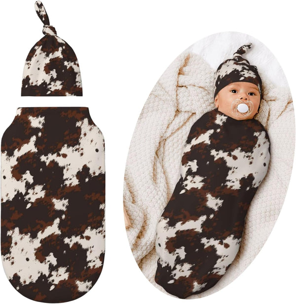 Valvphora Brown Cow Print Swaddle Blanket with Hat Receiving Blanket, Western Highland Cow