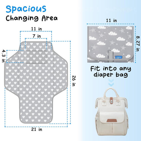 Baby Portable Changing Pad Travel - Waterproof Compact Diaper Changing Mat with Built-in Pillow - Lightweight