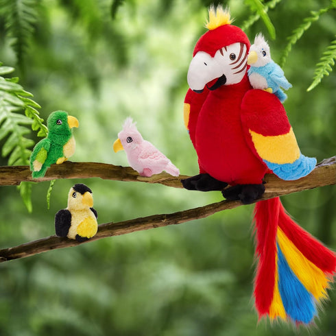 18'' Mommy 4 Tezituor Macaw Parrot Stuffed Animals with Babies, Stuffed Parrot Plush with Baby Parrots, Realistic
