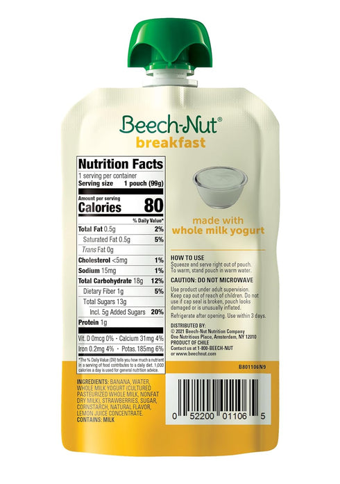 Beech-Nut Toddler Food Breakfast Pouches,Yogurt Banana & Strawberry Puree Baby & Toddler Food, 3.5 oz (12 Pack)