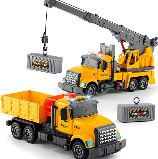 LerBao 2Pcs Large-Size Construction Engineering Truck Toy Set,Lifting Arm Crane & Lifting Transport