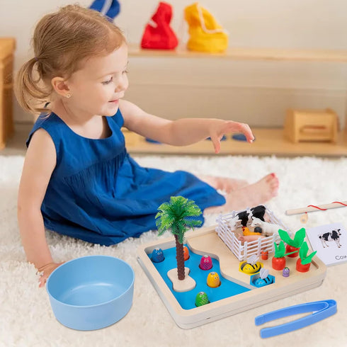 Adena Montessori Farm Animals Toys: Fishing Game Playset with Fence, Animals, Trees, and More for Toddlers