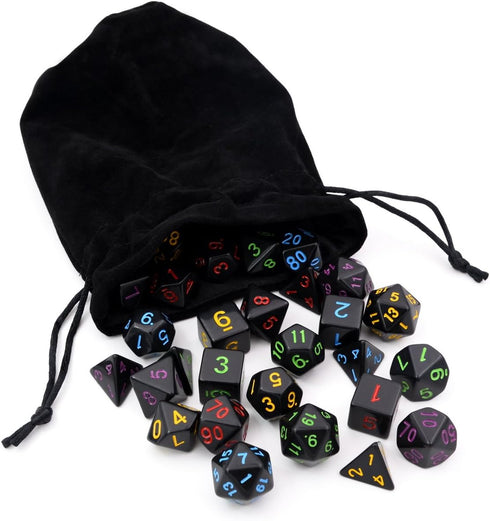 5 Sets New Black Polyhedral Dice with Satin-Lined Velvet Bag for Dungeons and Dragons DND RPG MTG