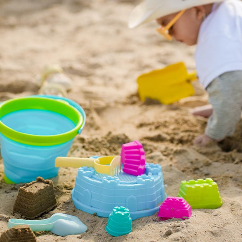 Egashow 8 Playset, 2 1 Set PCS Kids Collapsible Bucket Beach Sand Toys Sensory Portable Sandbox Digging Toys Including