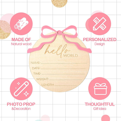 Lusofie Baby Name Announcement Sign - Wooden Hello World Newborn Sign - Pink Bow Nursery Decor Welcome to the World