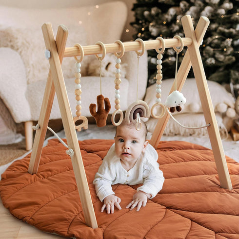 6 Razee Wooden Baby Play Gym Activity Mat, Leaf Shaped Play Mat Baby Gym with Hanging Sensory Toys Foldable Baby Gym