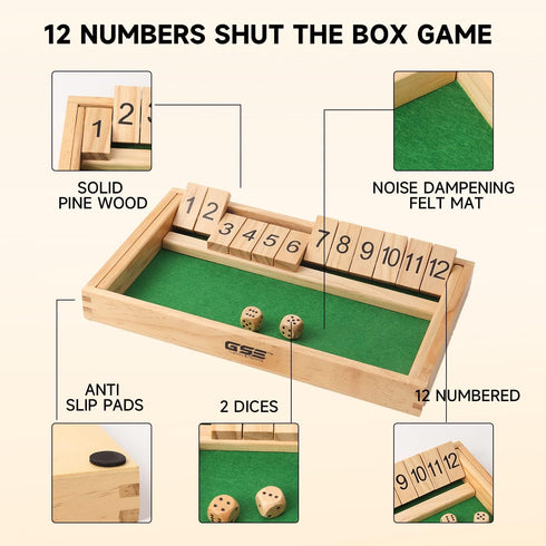 GSE Wooden Shut The Box 12 Numbers Dice Game Board with 2 Wooden Dices, Classic Tabletop Version of The Popular English Pub Game