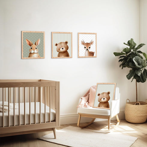 Benlarky Set 3 Woodland Nursery Wall Art Decor, of Wood Framed Animal Wall Prints Artwork Cute Rabbit Deer Bear Wooden