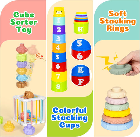 6 in 1 Montessori Toys for Babies 6–12 Months, Stacking Block Soft Infant Ring Shape Learning Toy