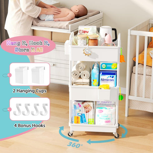 3 SUNALLY Baby Diaper Caddy Cart, Tier Rolling Diaper Cart with Lockable Wheels for Nursery Essentials, Large Capacity
