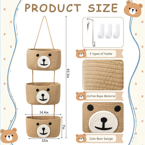 Yiyiring 3-Tier Closet Cute Bear Hanging Baskets, Woven Cotton Wall Mounted Storage Organizer, Decorative Storage
