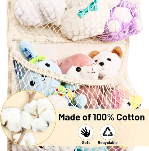 Over The Door Stuffed Animal Storage, Cotton Toy Organizer with 4 Large Pockets for Plush Toys and Baby Supplies