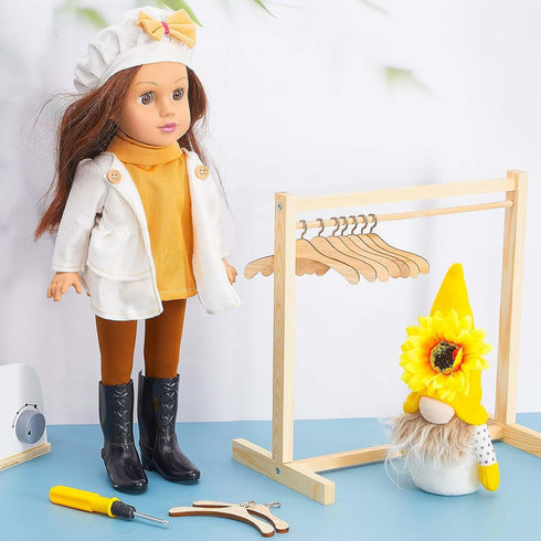 11 Pcs Doll Closet with Wooden Hangers, 11.8 Inches Mini Doll Clothes Rack, Wardrobe Furniture Accessories