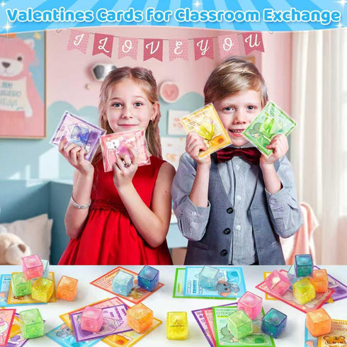 24 6 Valentines Day Cards for Kids School, Pcs Ice Cube Shaped Squeeze Balls with Cards, Stress Relief Fidget Toys
