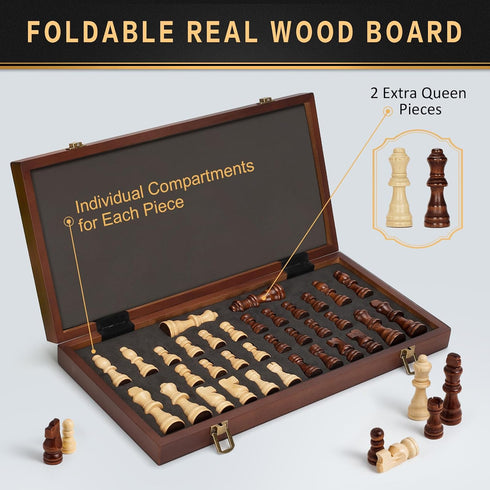 Jumlys Set, 15" 2 Set Magnetic Wooden Chess Folding Chess Board with Extra Queens, Portable Travel Chess with Pieces