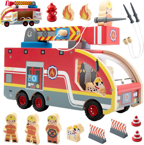 Nene Toys Wooden Fire Truck Toy Set FSC Fire Engine with Rotating