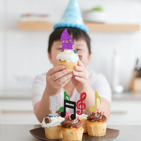 Rsstarxi 24 Pack Cupcake Toppers Glitter Microphone Musical Symbol Cupcake Picks Rock Music Concert Theme Birthday