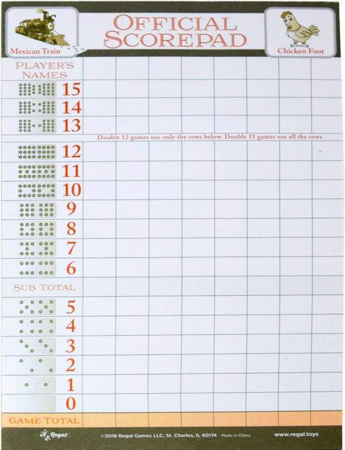 100 (8.25" 5.5") Regal Games Mexican Train Score Pads & Chicken Foot Dominoes Game for Adults - Ideal for Family Fun