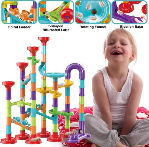 93 PCS Marble Run Premium Set - STEM Educational Building Block Toy with 30 Glass Marbles for Kids - Marble Maze Game