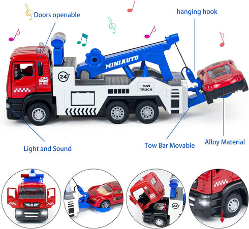 Tow Truck Toys with 2 Mini Toy Cars Set - Pull Back Truck Vehicles with Lights and Sound for Boys 3-9 Years Old