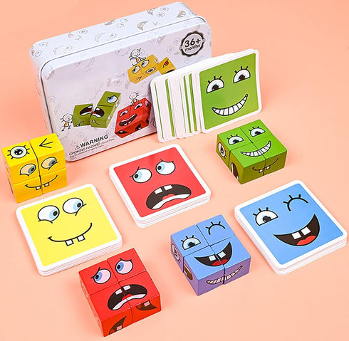Large Wooden Face Expression Puzzle, Building Cubes for Logical Thinking, Face Changing Magic Cube Puzzles with Bell