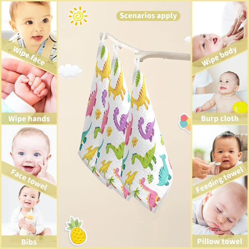 12 12 5 Pack Cartoon Dinosaur Baby Muslin Washcloths Cute Burp Cloths Soft Absorbent Baby Wash Cloth Fingertip Face