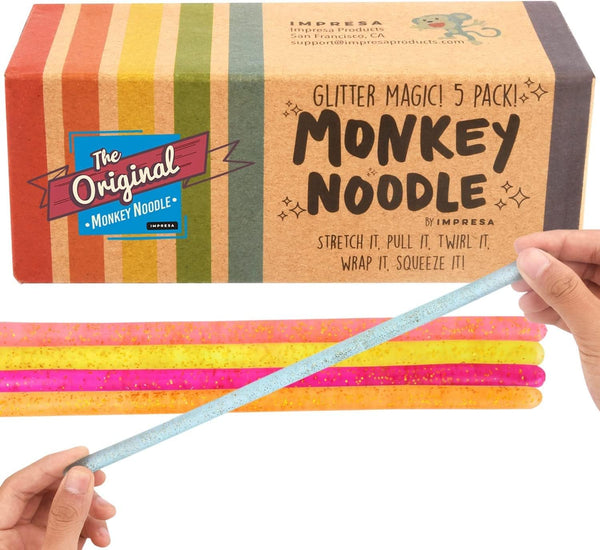 5 Pack Monkey Noodle Stretchy String, Glitter Sensory Fidget Toys (BPA/Phthalate/Latex-Free), Stretches from 12 Inches