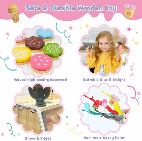 2 1 Set (63pcs), Counter 3+ SIMPLIPLAY in Portable Wooden Ice Cream Toy & Cookie Play Slice and Bake Cookies, Scoop