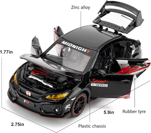 1/32 Honda Civic Type-R Diecast Toy Car, Metal Pull Back Model with Light and Sound for Kids and Adults Gift, Black