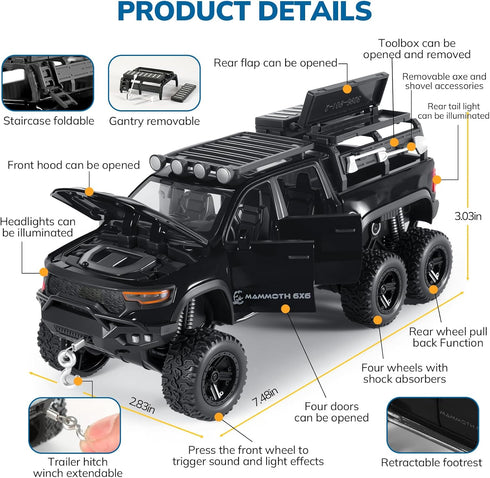 FRJV 1/32 Mammoth 4-7Black Toy Trucks for Boys Diecast Trucks Model Truck,Collectible Pickup Truck Model Kit,Pull Back