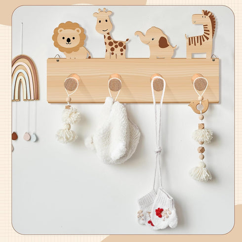 RattanView Safari Animal Decorative Wall Hook for Kids Jungle Forest Animals Wooden Coat Hook Hanger for Baby Nursery