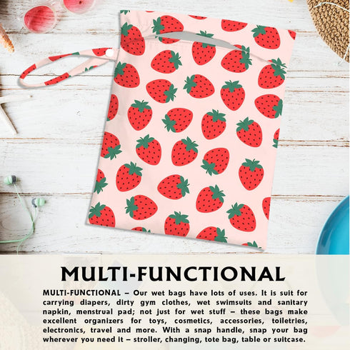 CSHVJ 12x10 Inch, Summer Strawberry Wet Bags Waterproof Travel Laundry Bags, Washable Reusable Wet Dry Bag for Swimsuit