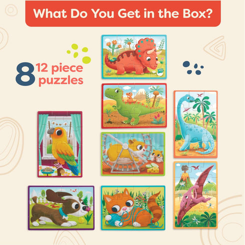 B. toys Pack o' Puzzles 2-Pack, Pets & Dinos Wooden Puzzle Box Set, 12-Piece Jigsaw Puzzles for Kids 3 Years +