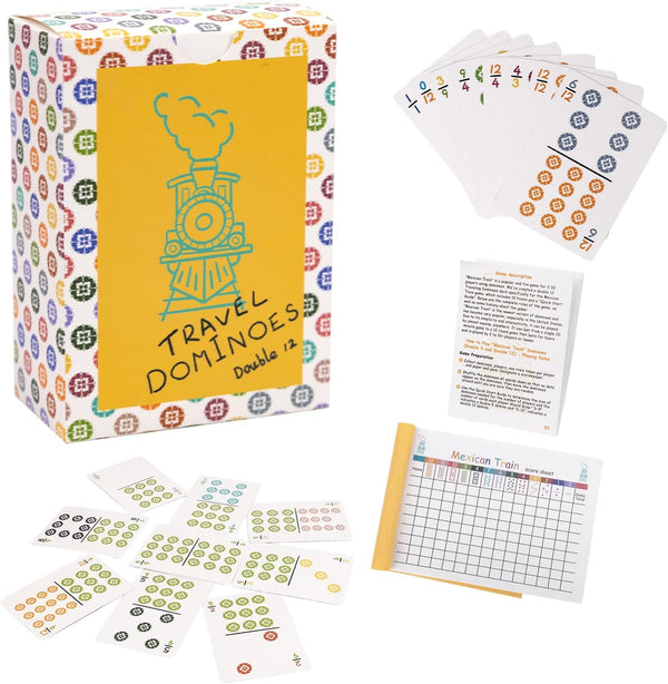 Mexican Train Mini Dominoes Game, 105 Cards + Instructions + Scoresheet, Double 12 and 9 Set for 2-10 Players
