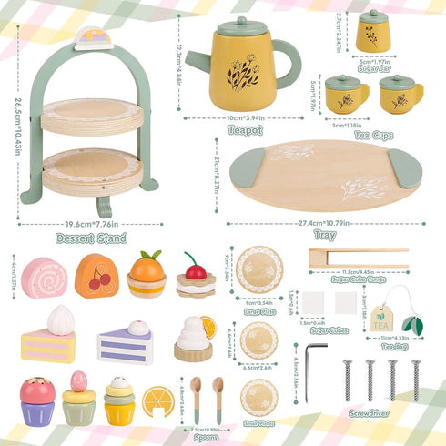 Set Set 2 3 4 5 6 Wooden Tea Party for Little Girls, Toddler Tea with Cupcake Stand & Food Dessert, Pretend Play Food
