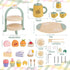Set Set 2 3 4 5 6 Wooden Tea Party for Little Girls, Toddler Tea with Cupcake Stand & Food Dessert, Pretend Play Food