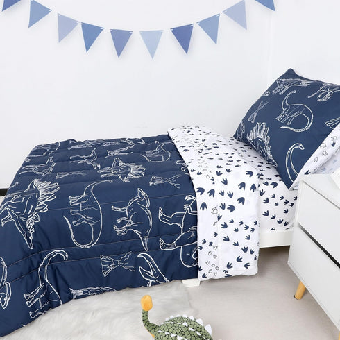 4 Set Set, Pieces Dinosaur Toddler Bedding for Boys, Soft Breathable Toddler Comforter Dino Print Navy, Includes