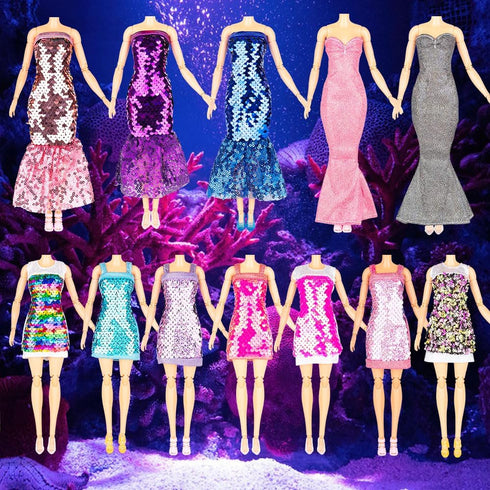 Glitter Sequin Mermaid Doll Clothes & Accessories - 12 Sparkly Glitter Party Dress, Crowns, Necklaces & Shoes