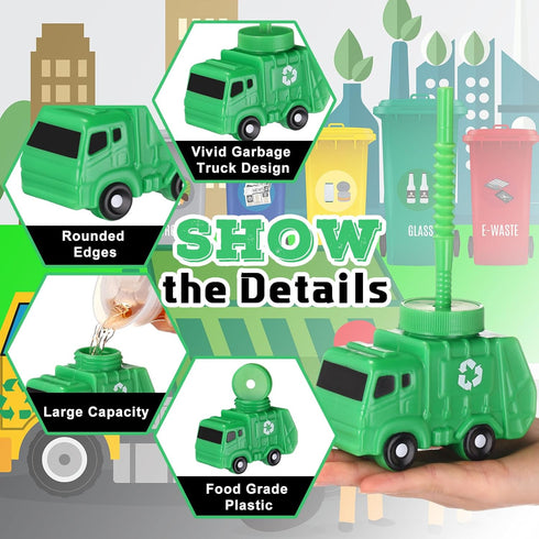 Tanlade Truck Birthday Party Favor Gifts, 10 oz Plastic Garbage Truck Shape Cup with Straws, 24 Sets