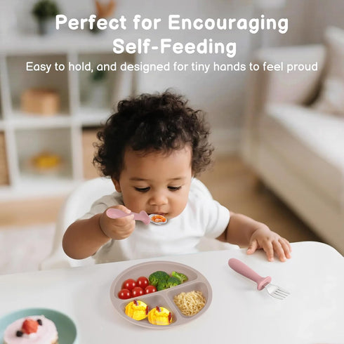 Eascrozn 2 Pack 2 Pack Set, Set Silicone Divided Baby Plates with Suction, Toddler Forks and Spoons BPA Free, Baby