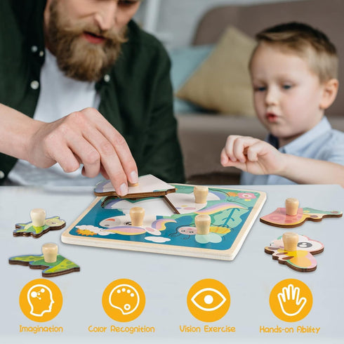 Wooden Toddler Puzzles, Funsland Peg Puzzles Gifts, Eco-Friendly Animal Patterns Jigsaw for 1-3 Years Old