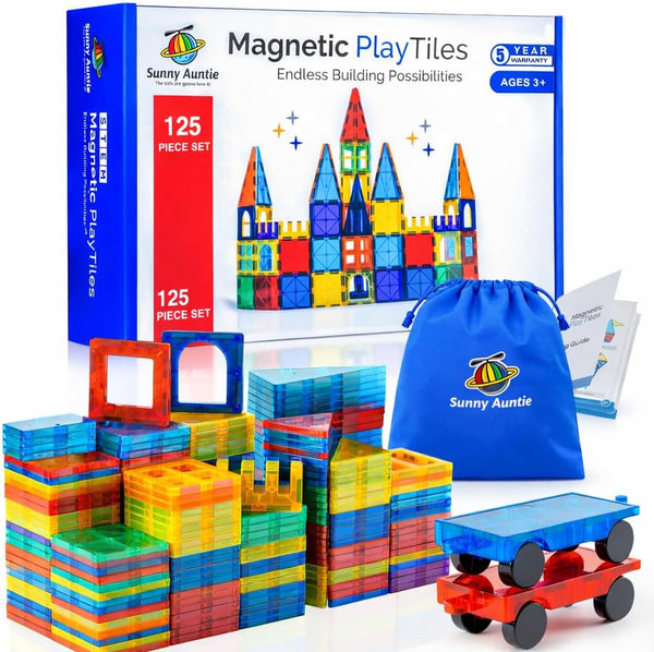 SUNNY AUNTIE Magnetic Tiles 125 PCS XL Set with Storage Bag Magnetic