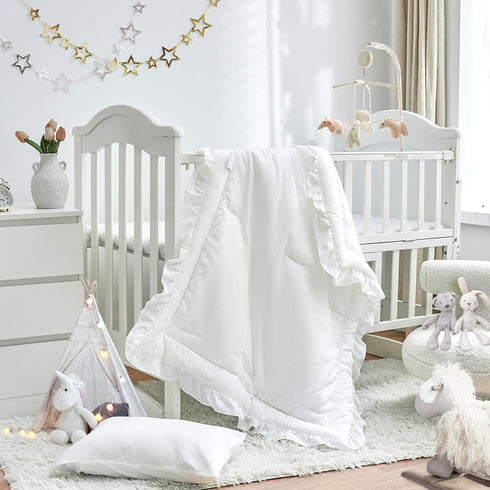 3 Pieces Crib Bedding Set Baby Ruffle Quilted Comforter with Fitted Sheet