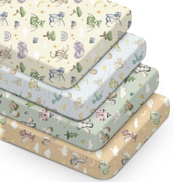 VitalCozy 4 Pcs Watercolor Dragon Crib Sheet Set Newborn Bedding Nursery Baby