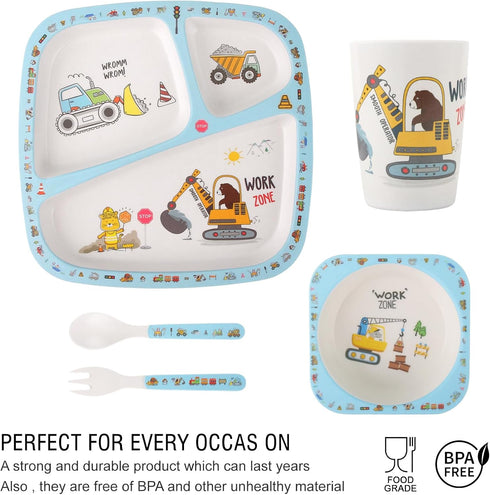 5Pcs Kids Tableware Set, Cartoon Bamboo Dinnerware with Baby Plates, Bowls, Forks & Spoons for Kids (Blue)